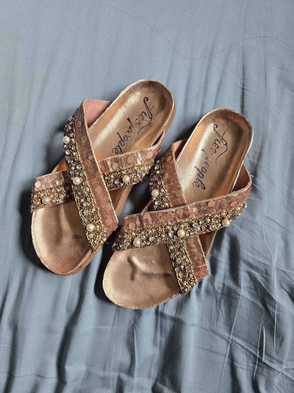 Free People Rose Gold Beaded Crisscross Slide Sandals
